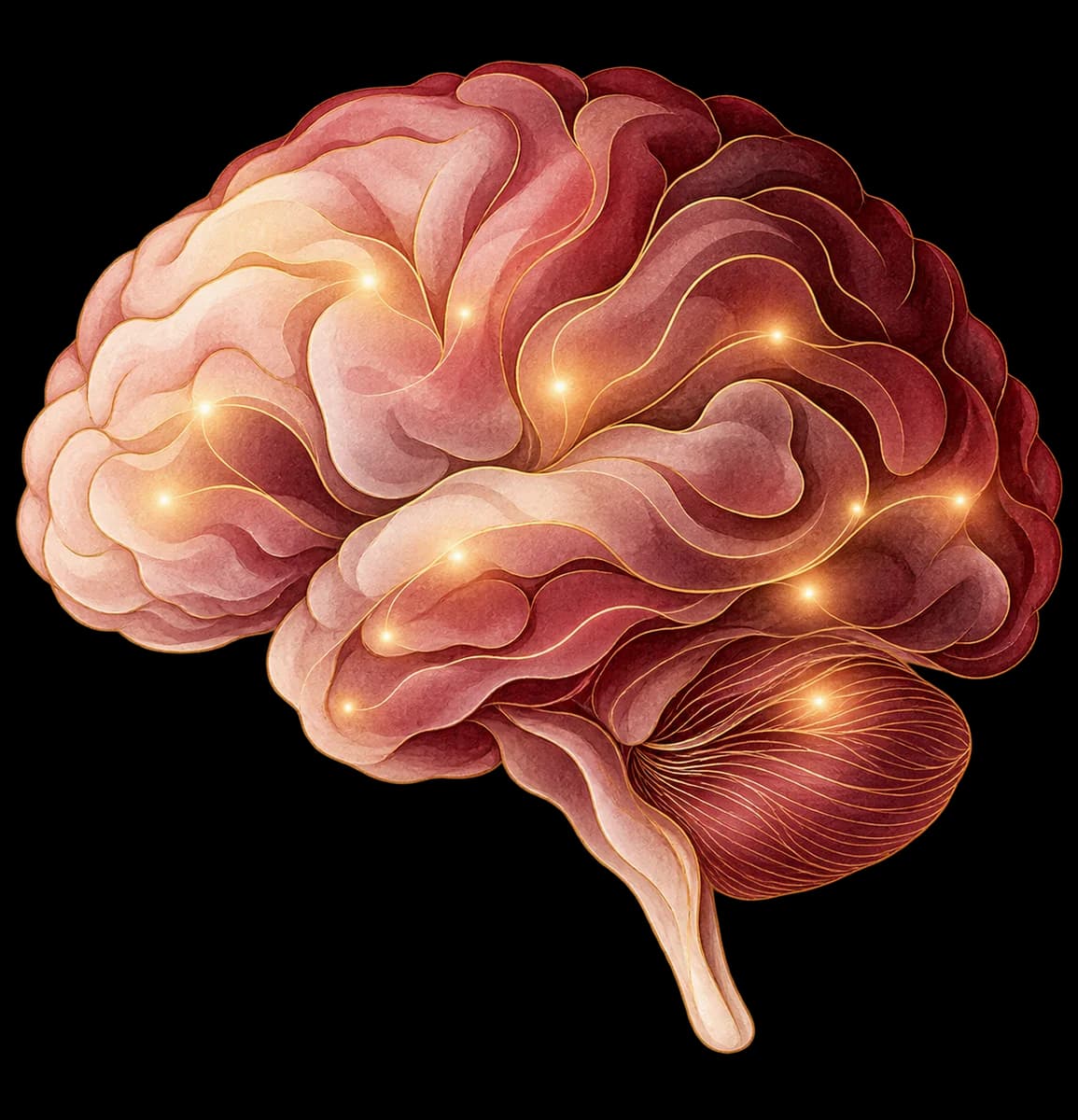 Cerebro ilustrado con luces suaves que representan emociones